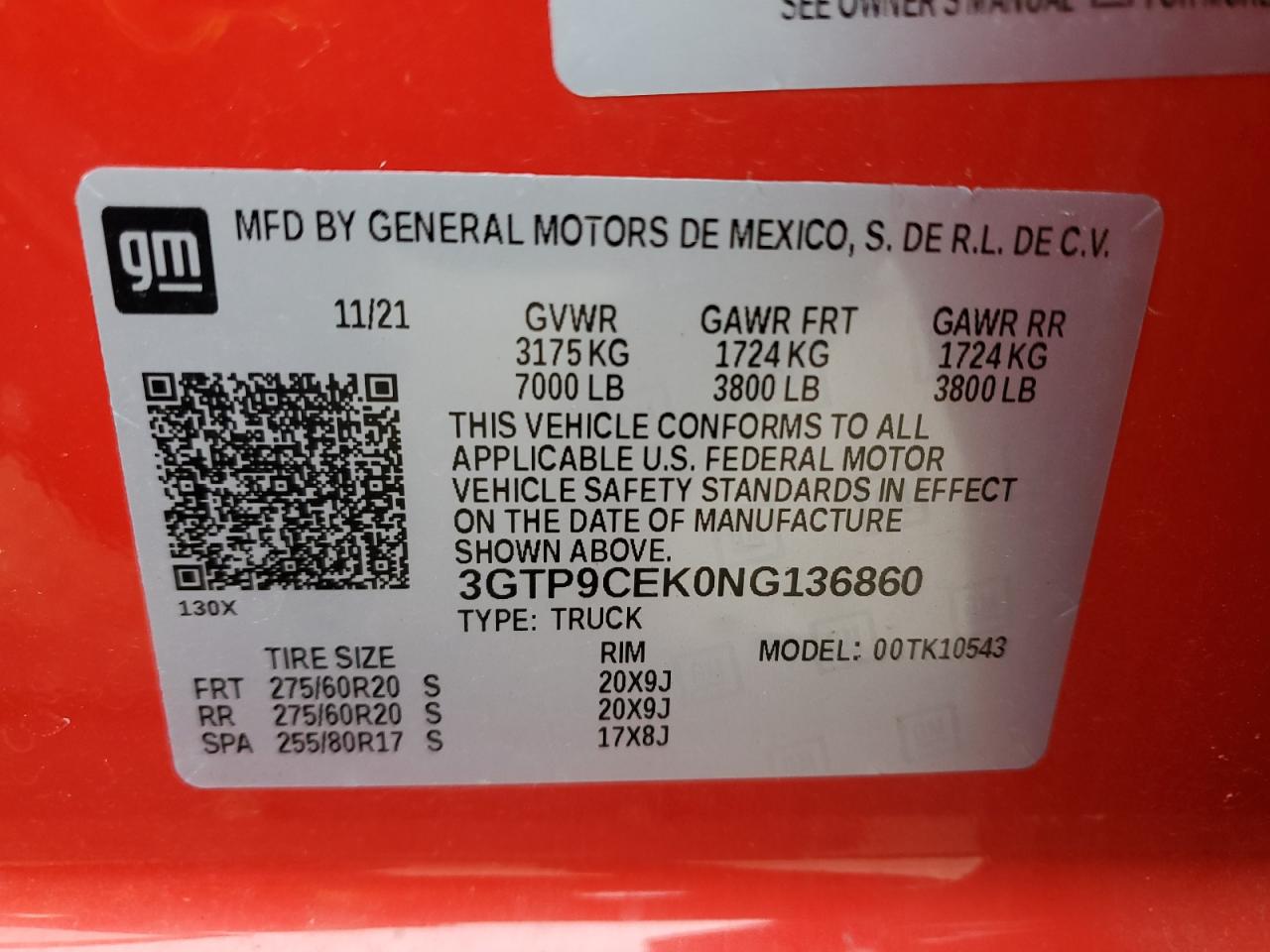 2022 GMC SIERRA LIMITED K1500 ELEVATION VIN:3GTP9CEK0NG136860