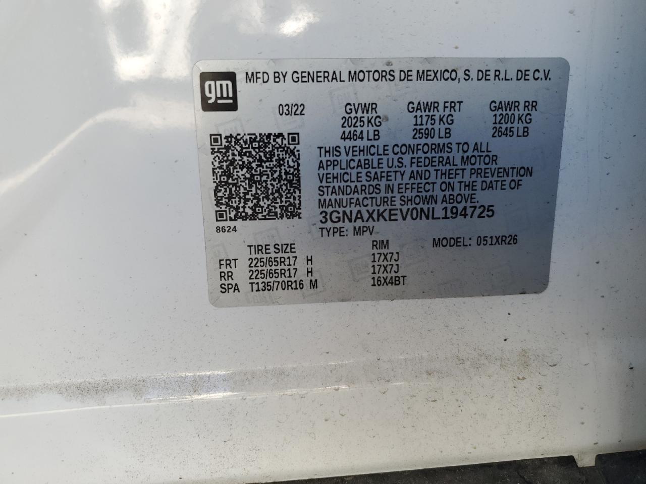 2022 CHEVROLET EQUINOX LT VIN:3GNAXKEV0NL194725