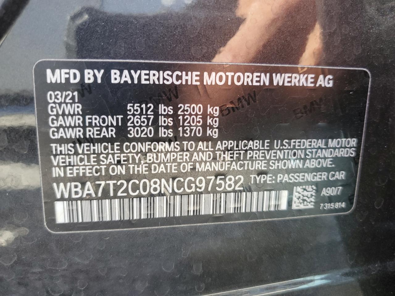 2022 BMW 740 I VIN:WBA7T2C08NCG97582