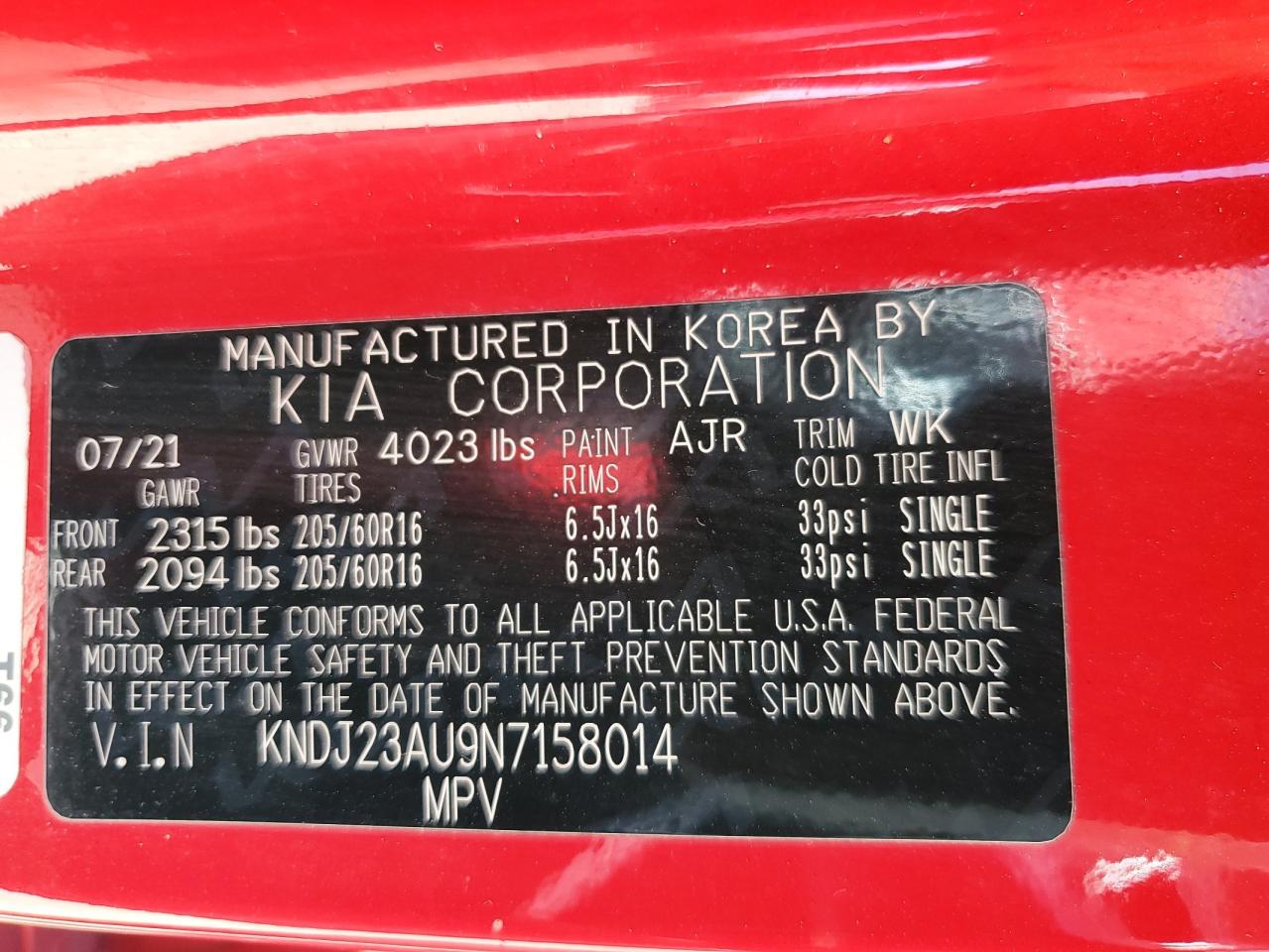 2022 KIA SOUL LX VIN:KNDJ23AU9N7158014