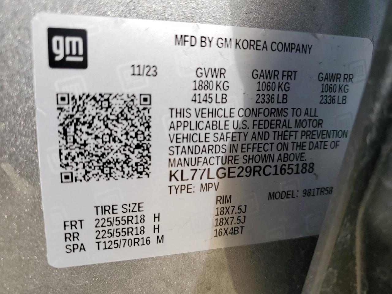 2024 CHEVROLET TRAX 1RS VIN:KL77LGE29RC165188