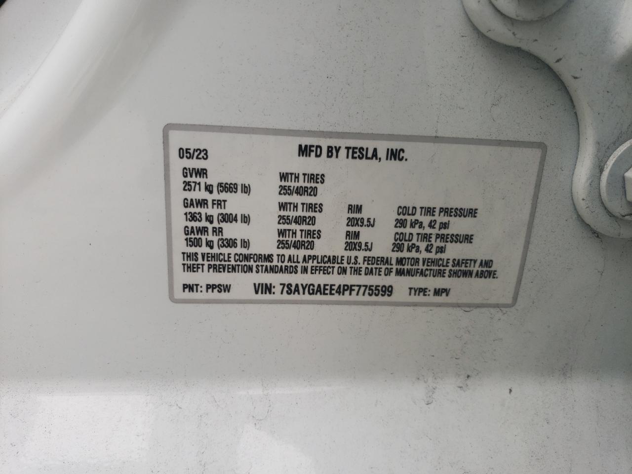 2023 TESLA MODEL Y  VIN:7SAYGAEE4PF775599
