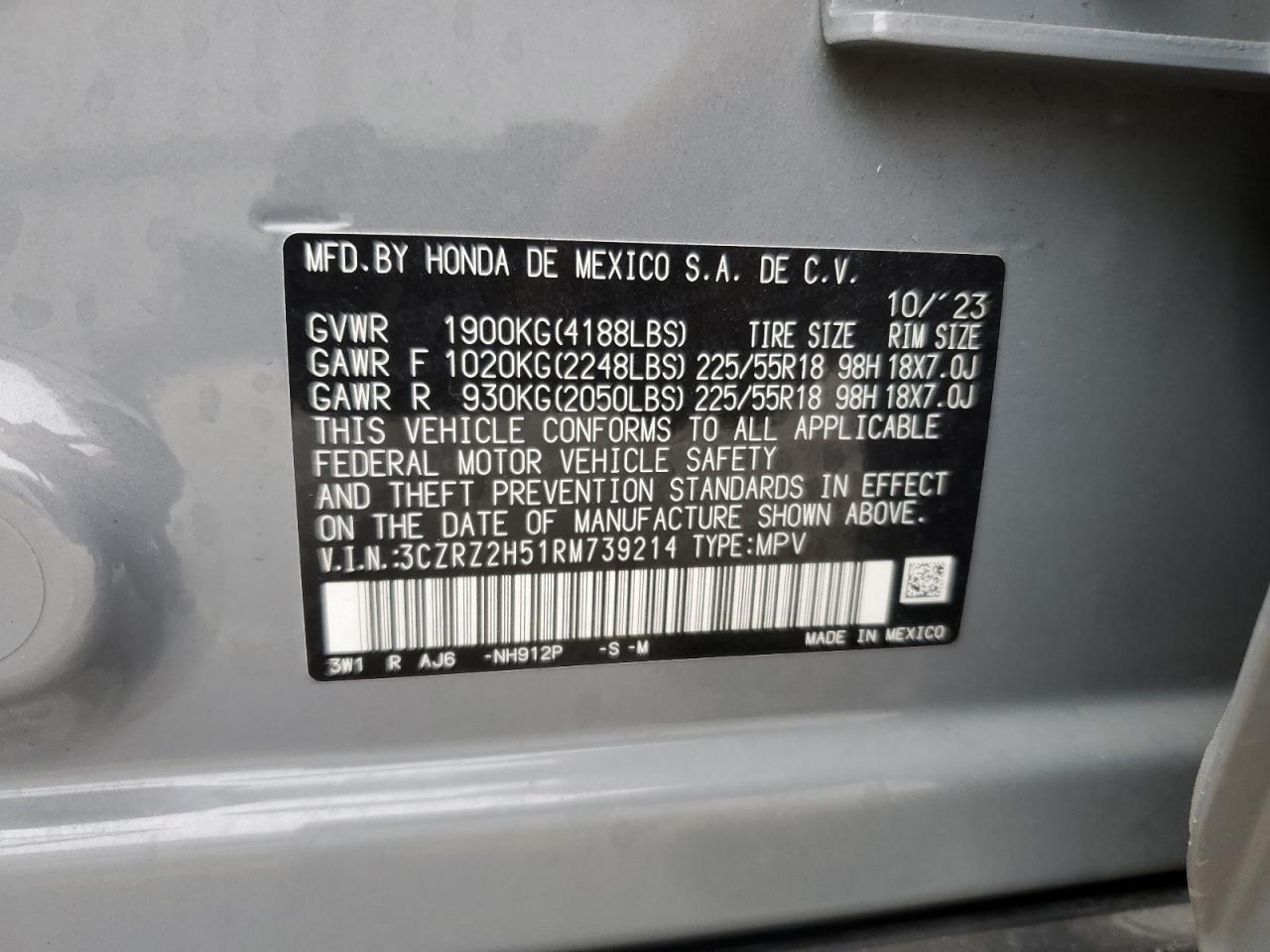 2024 HONDA HR-V SPORT VIN:3CZRZ2H51RM739214