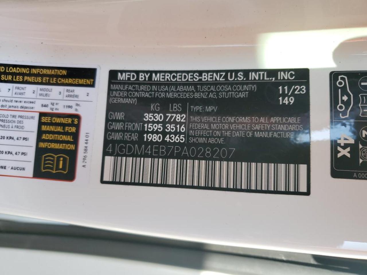 2023 MERCEDES-BENZ EQS SUV 580 4MATIC VIN:4JGDM4EB7PA028207