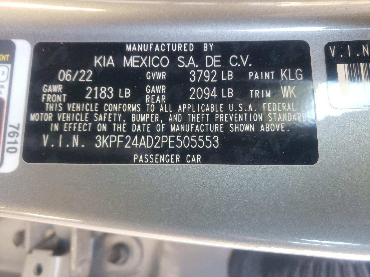 2023 KIA FORTE LX VIN:3KPF24AD2PE505553