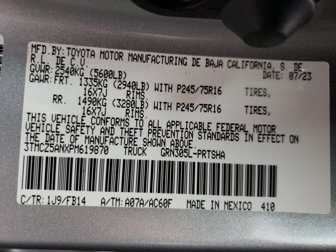 2023 TOYOTA TACOMA DOUBLE CAB VIN:3TMCZ5ANXPM619870