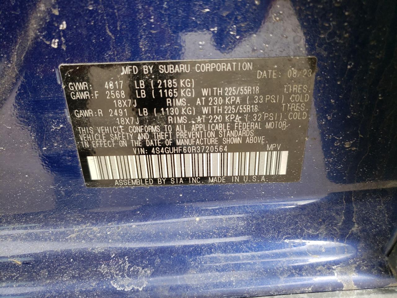 2024 SUBARU CROSSTREK SPORT VIN:4S4GUHF60R3720564