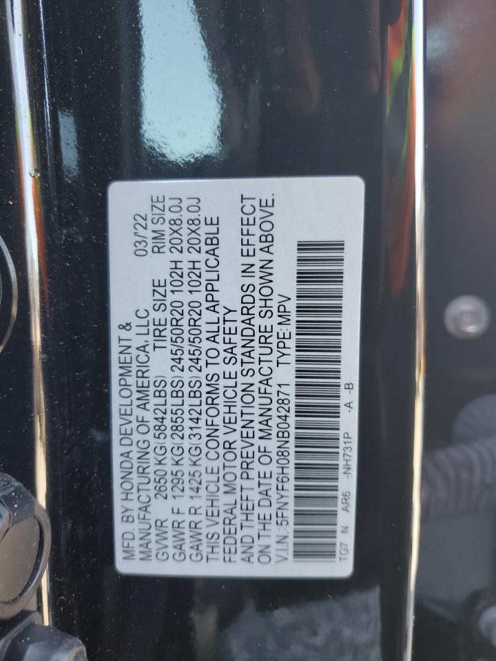 2022 HONDA PILOT ELITE VIN:5FNYF6H08NB042871