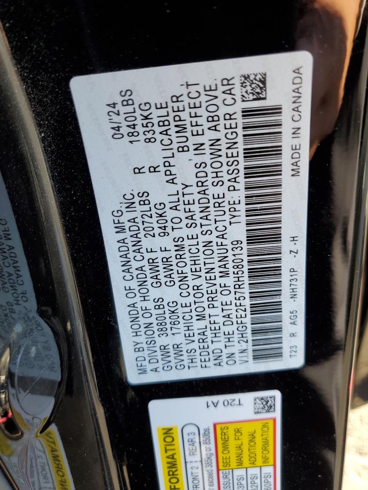 2024 HONDA CIVIC SPORT VIN:2HGFE2F57RH580139