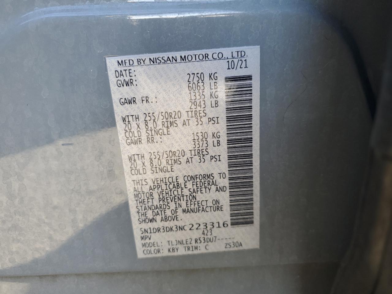 2022 NISSAN PATHFINDER PLATINUM VIN:5N1DR3DK3NC223316