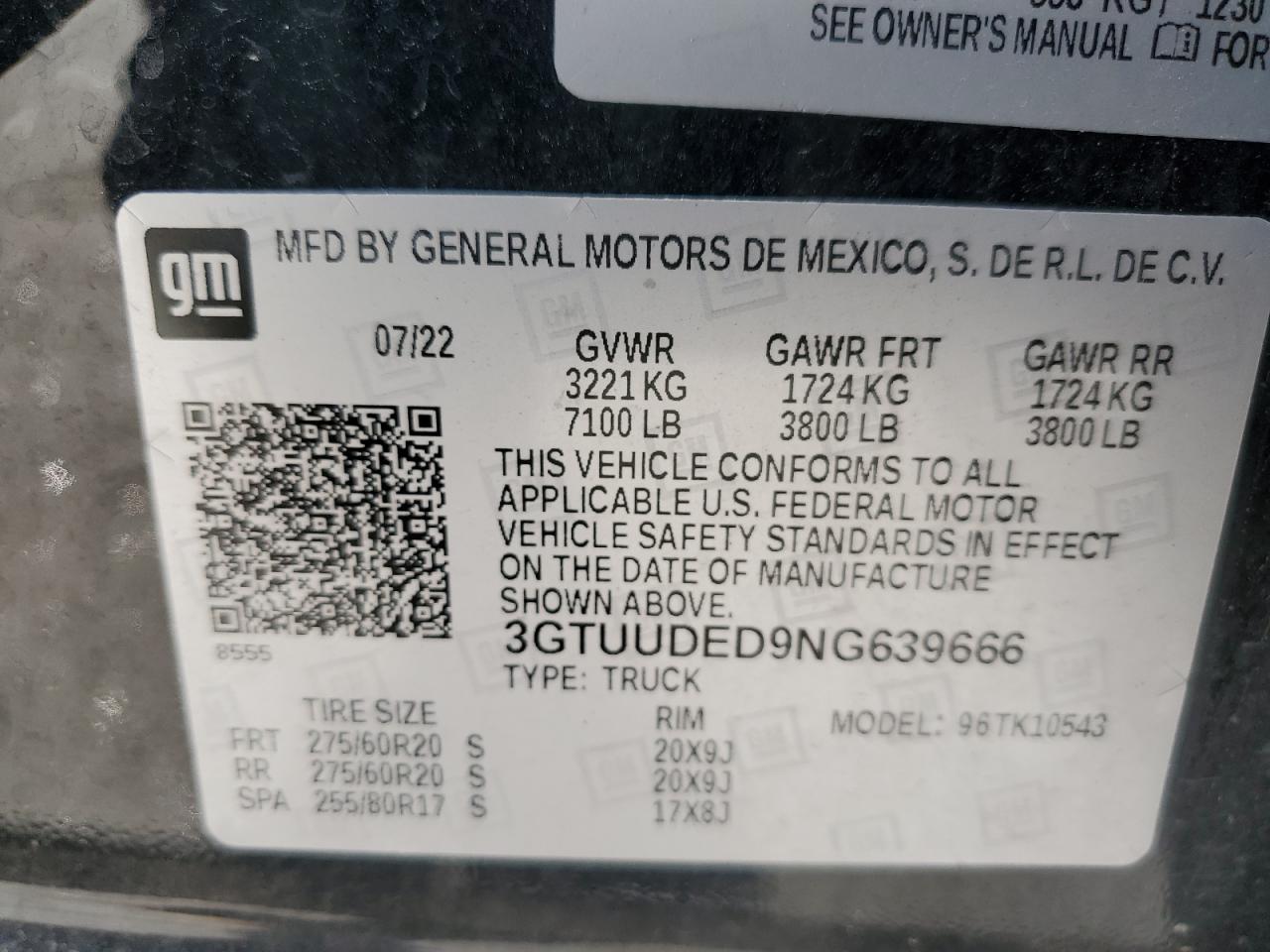 2022 GMC SIERRA K1500 SLT VIN:3GTUUDED9NG639666