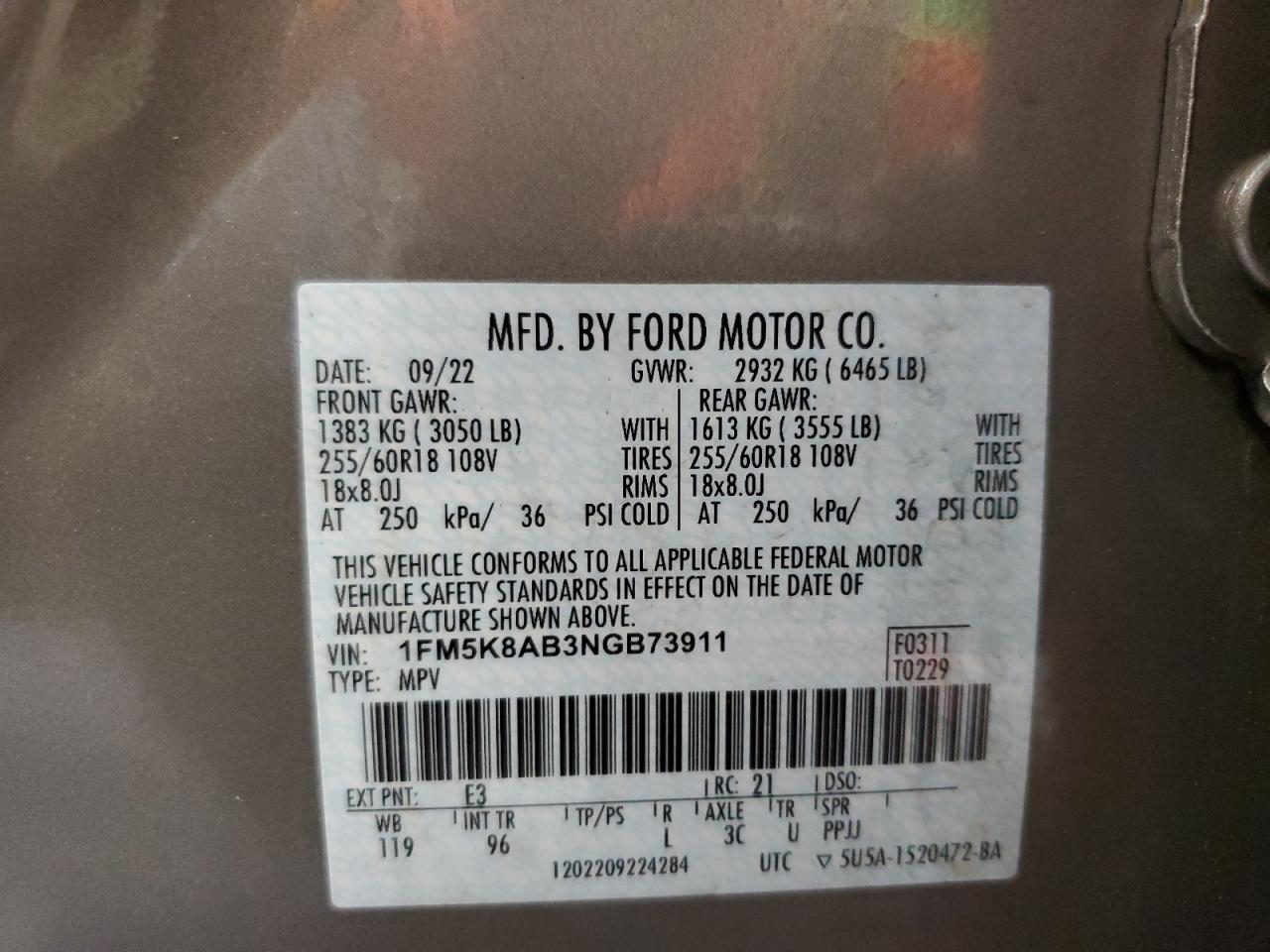 2022 FORD EXPLORER POLICE INTERCEPTOR VIN:1FM5K8AB3NGB73911