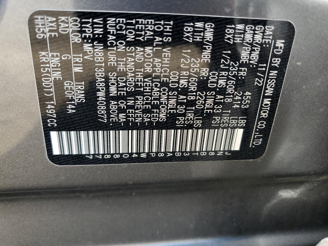 2023 NISSAN ROGUE SV VIN:JN8BT3BA8PW408877