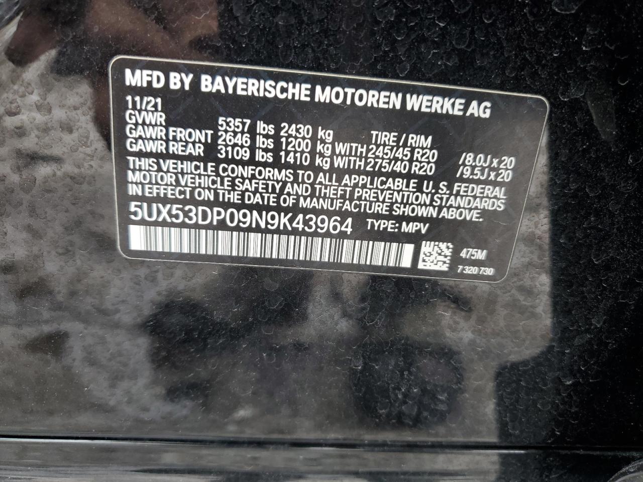 2022 BMW X3 XDRIVE30I VIN:5UX53DP09N9K43964