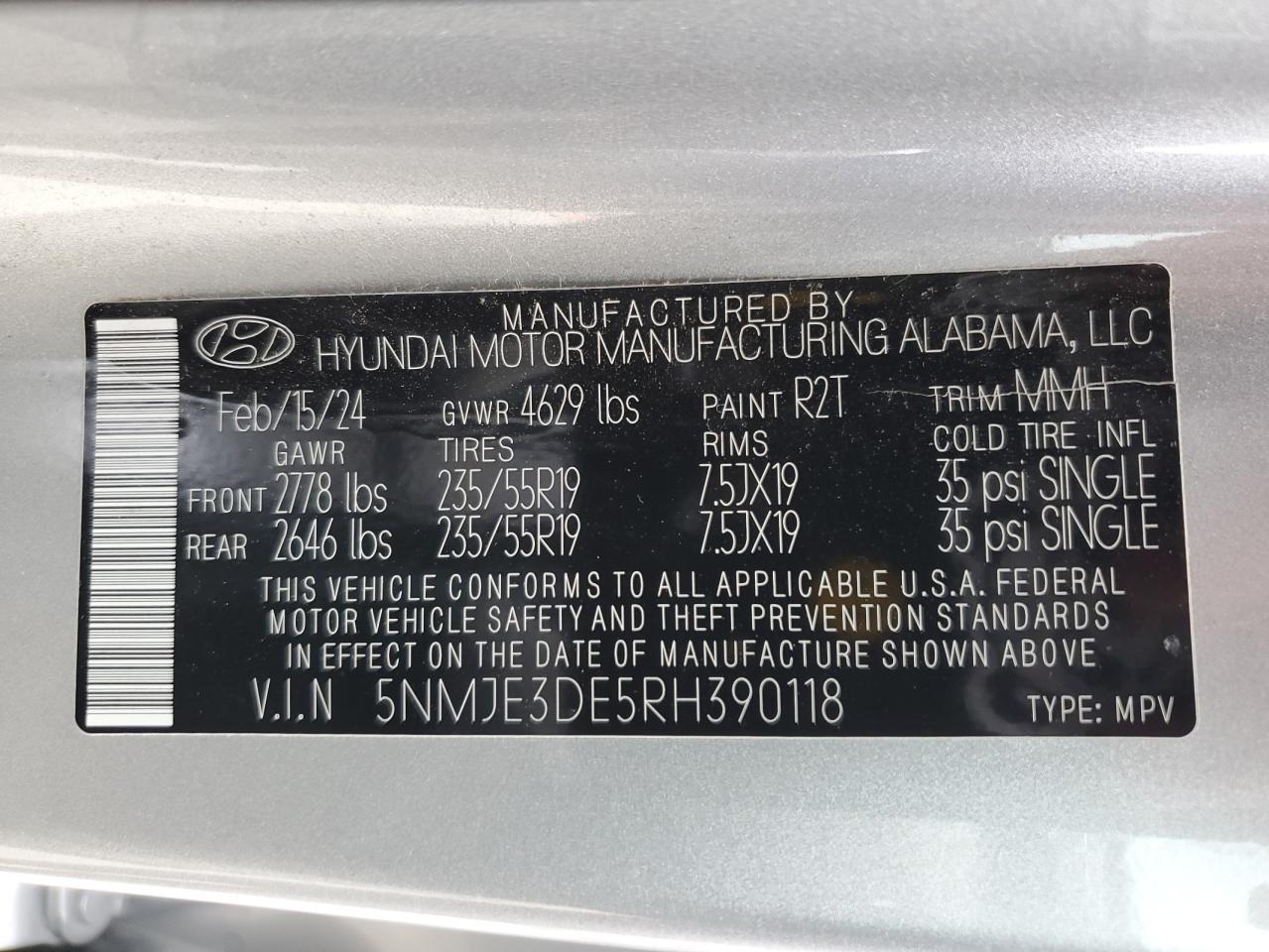 2024 HYUNDAI TUCSON LIMITED VIN:5NMJE3DE5RH390118