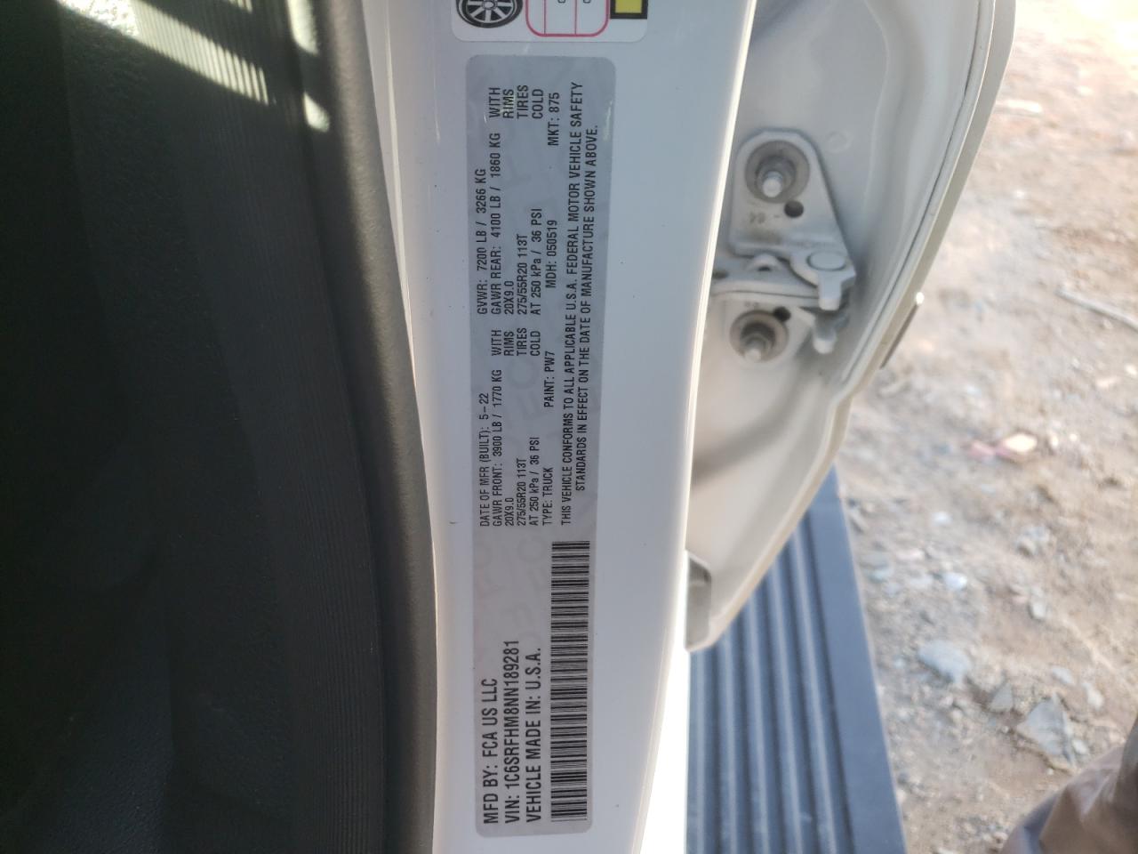 2022 RAM 1500 LIMITED VIN:1C6SRFHM8NN189281