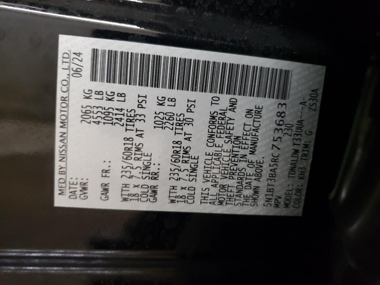 2024 NISSAN ROGUE SV VIN:5N1BT3BA5RC753683