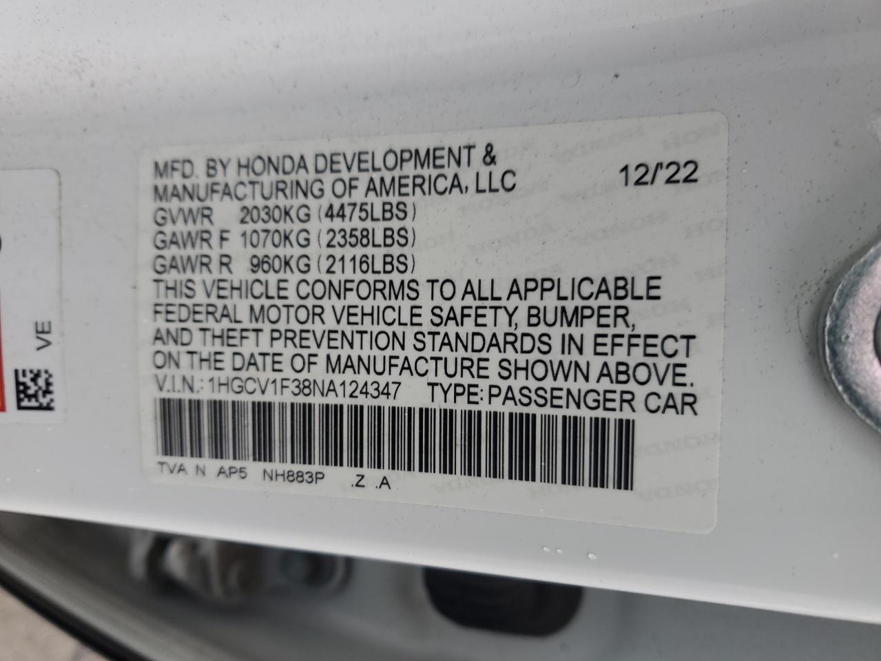 2022 HONDA ACCORD SPORT VIN:1HGCV1F38NA124347