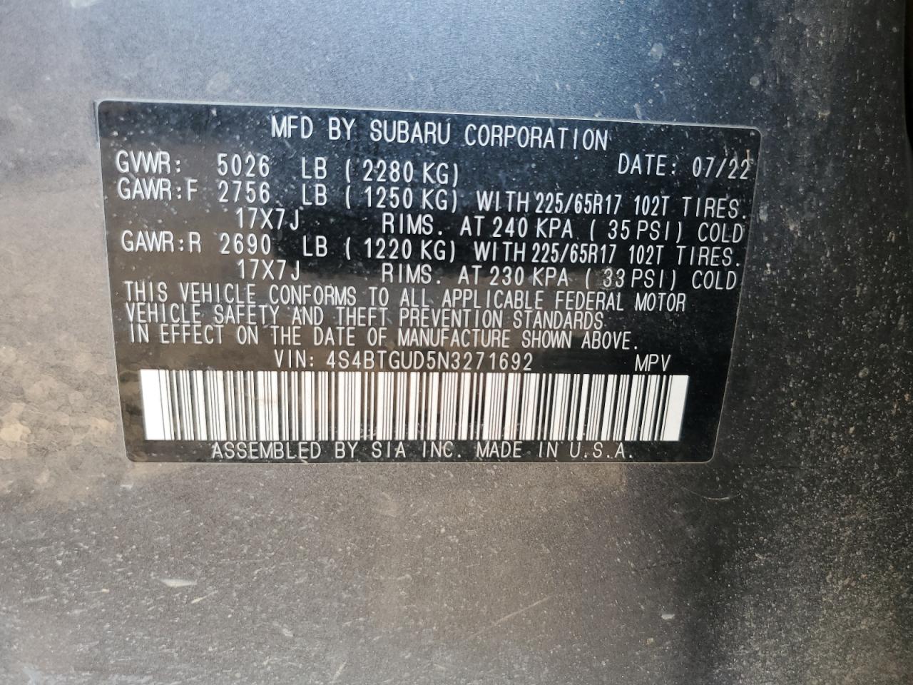 2022 SUBARU OUTBACK WILDERNESS VIN:4S4BTGUD5N3271692