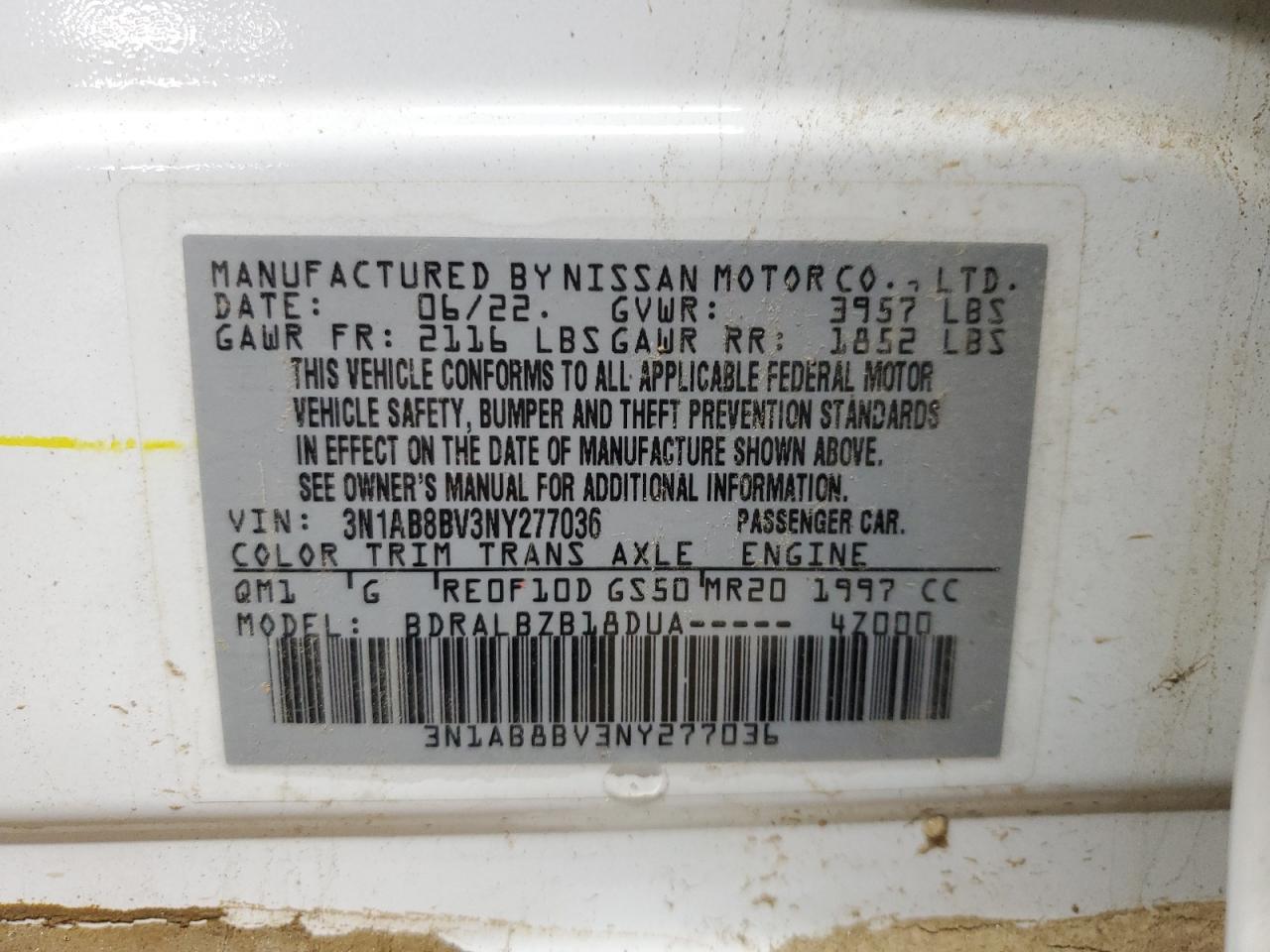 2022 NISSAN SENTRA S VIN:3N1AB8BV3NY277036