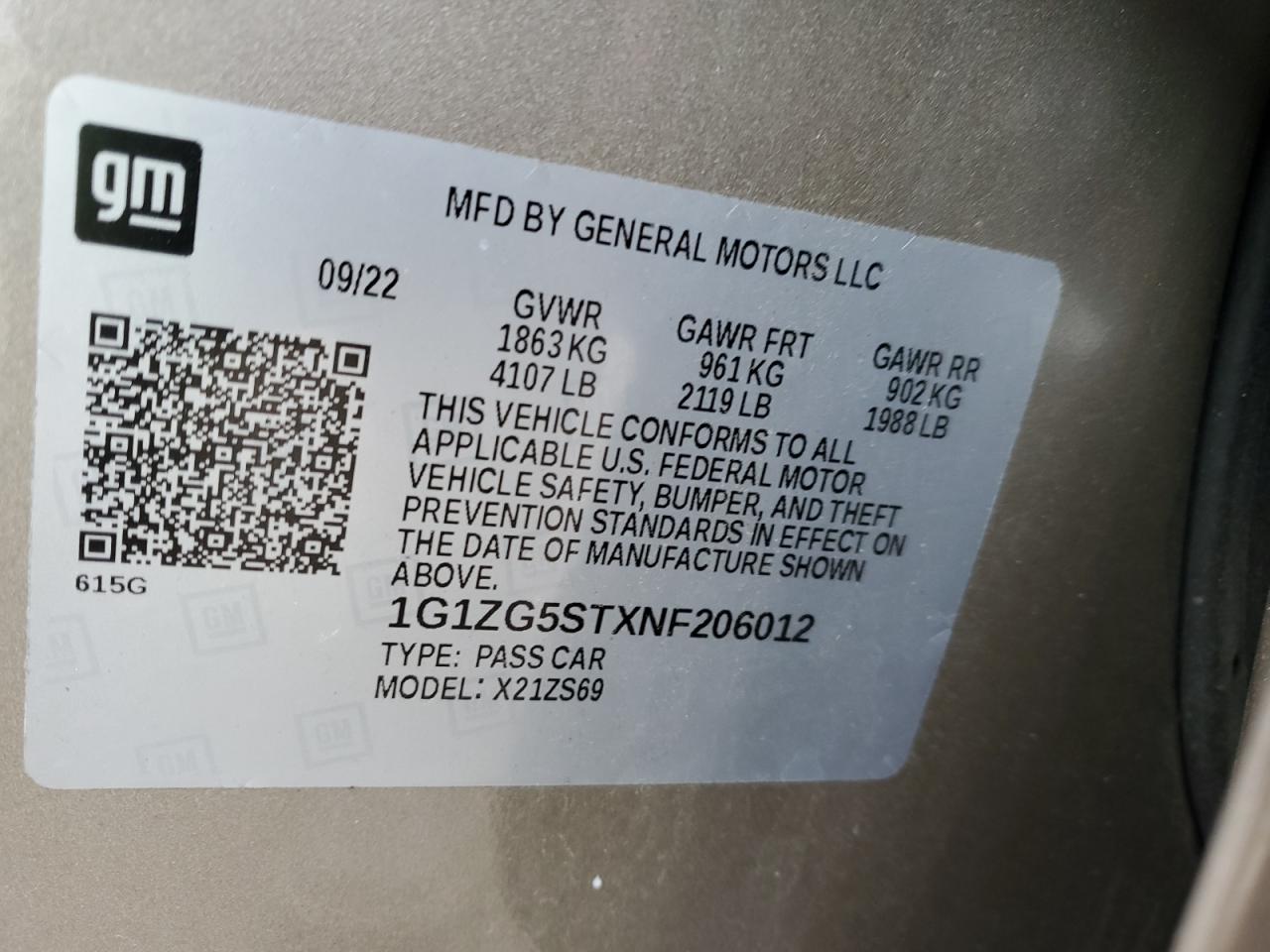 2022 CHEVROLET MALIBU RS VIN:1G1ZG5STXNF206012