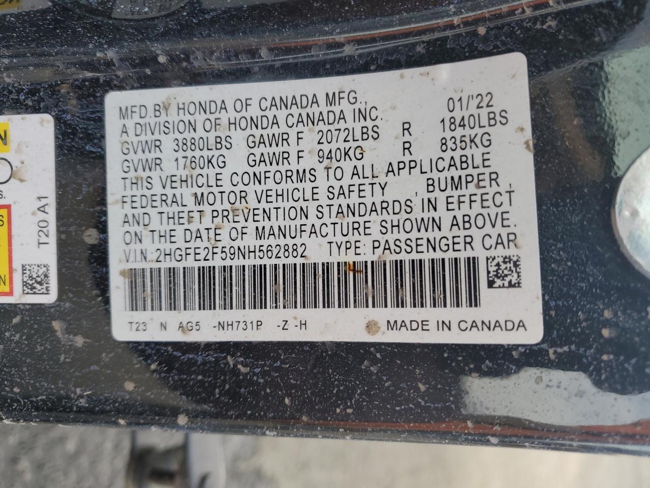 2022 HONDA CIVIC SPORT VIN:2HGFE2F59NH562882