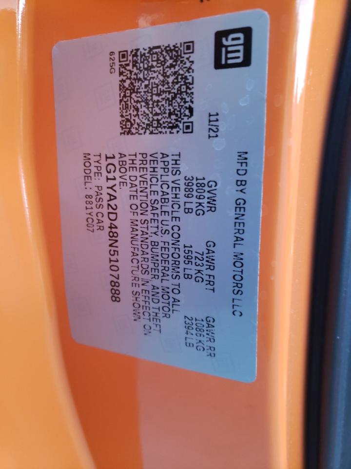 2022 CHEVROLET CORVETTE STINGRAY 1LT VIN:1G1YA2D48N5107888