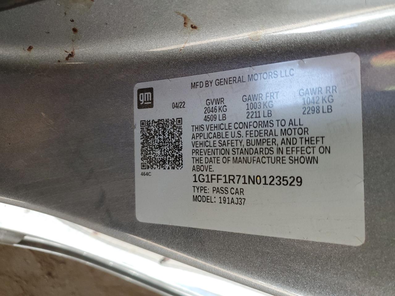 2022 CHEVROLET CAMARO LT1 VIN:1G1FF1R71N0123529