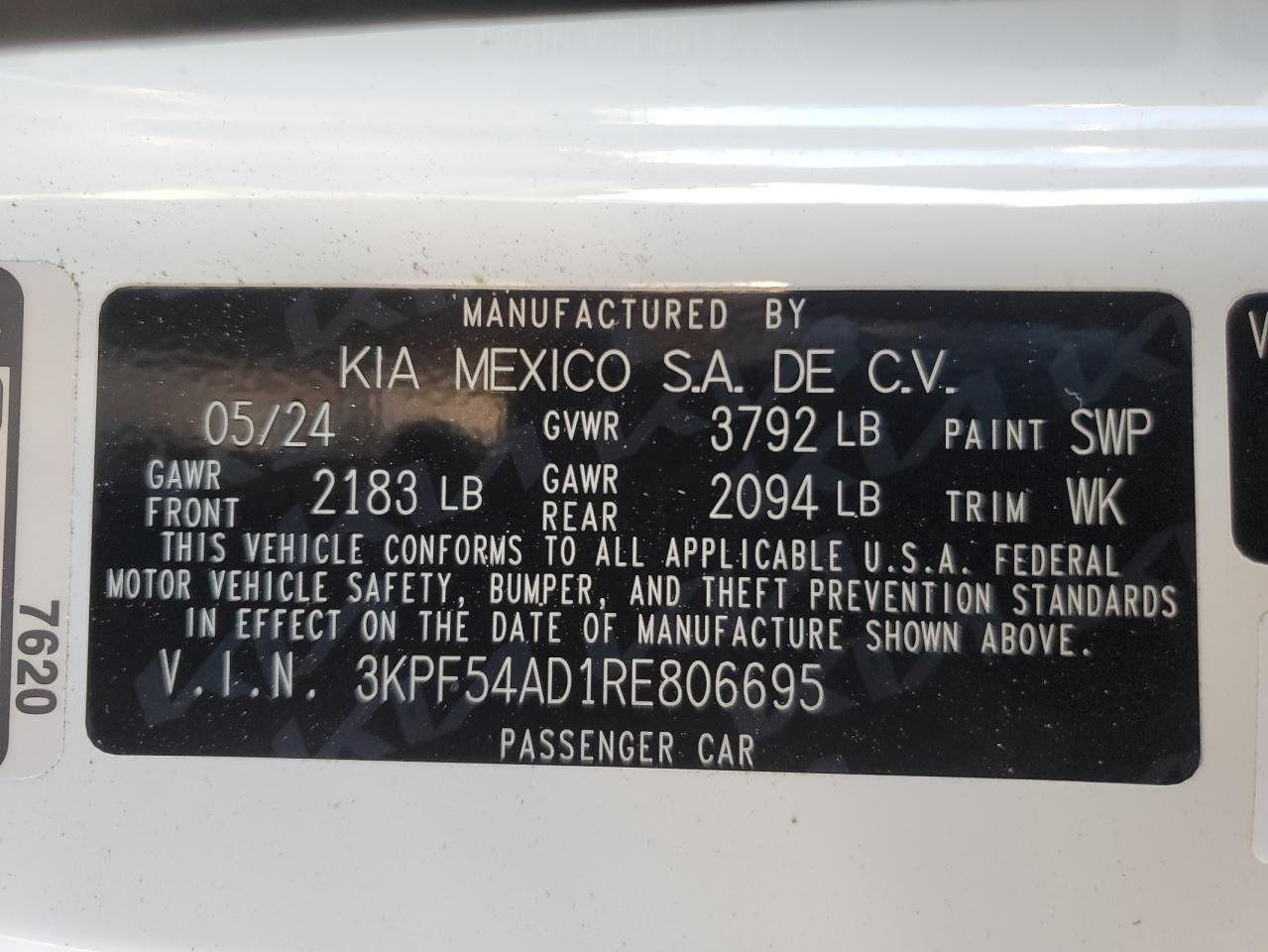 2024 KIA FORTE GT LINE VIN:3KPF54AD1RE806695