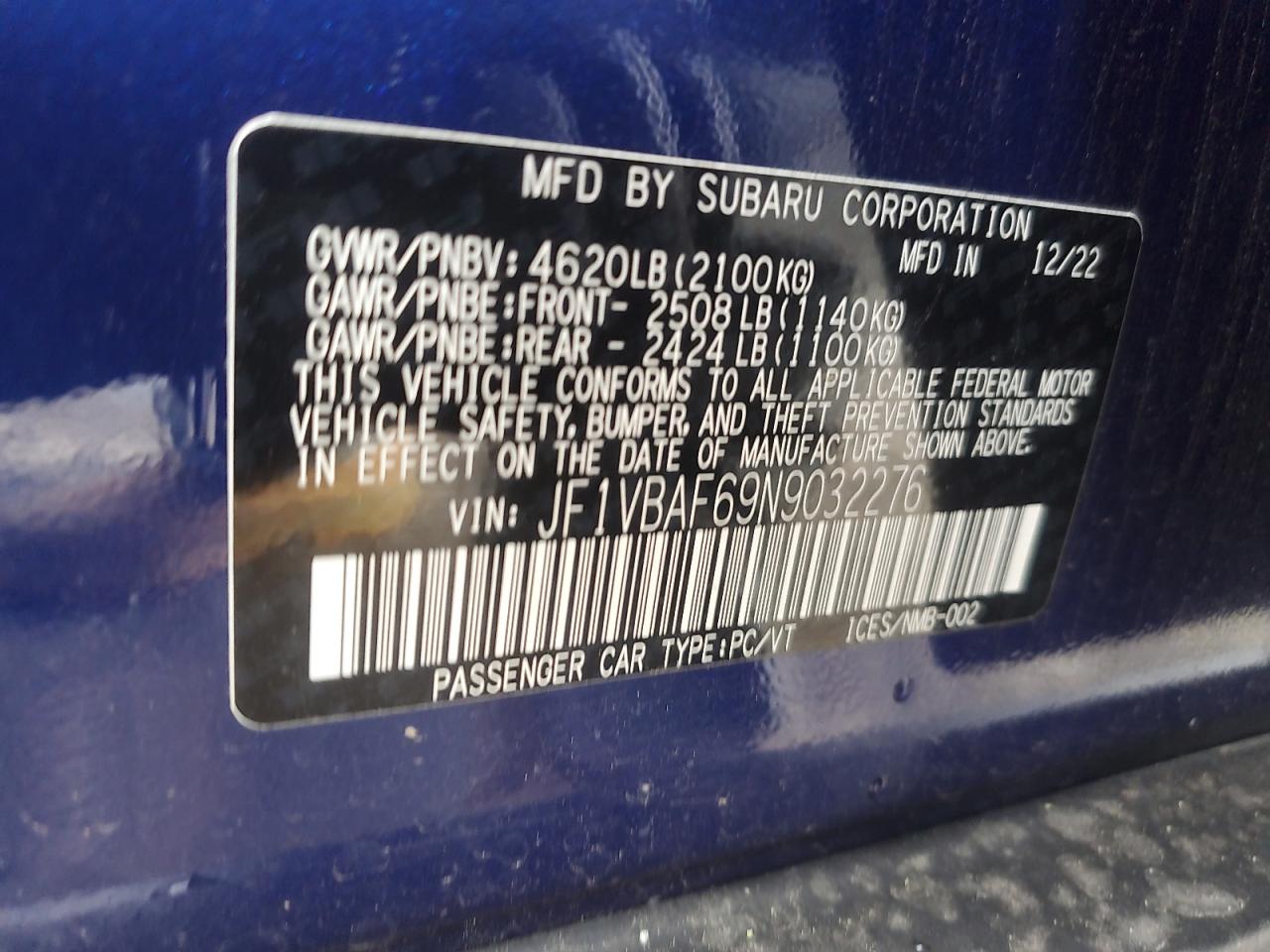 2022 SUBARU WRX PREMIUM VIN:JF1VBAF69N9032276