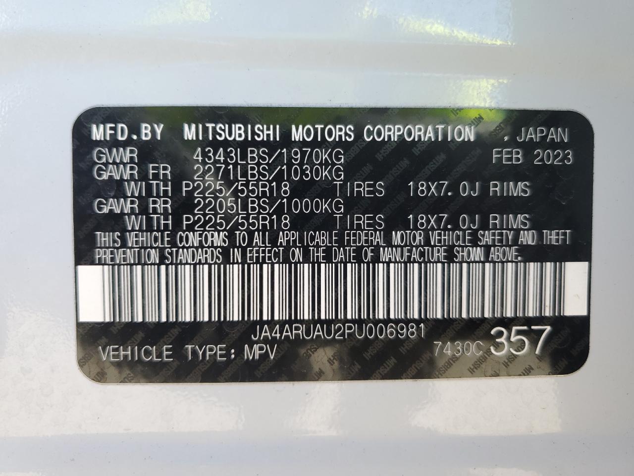 2023 MITSUBISHI OUTLANDER SPORT S/SE VIN:JA4ARUAU2PU006981