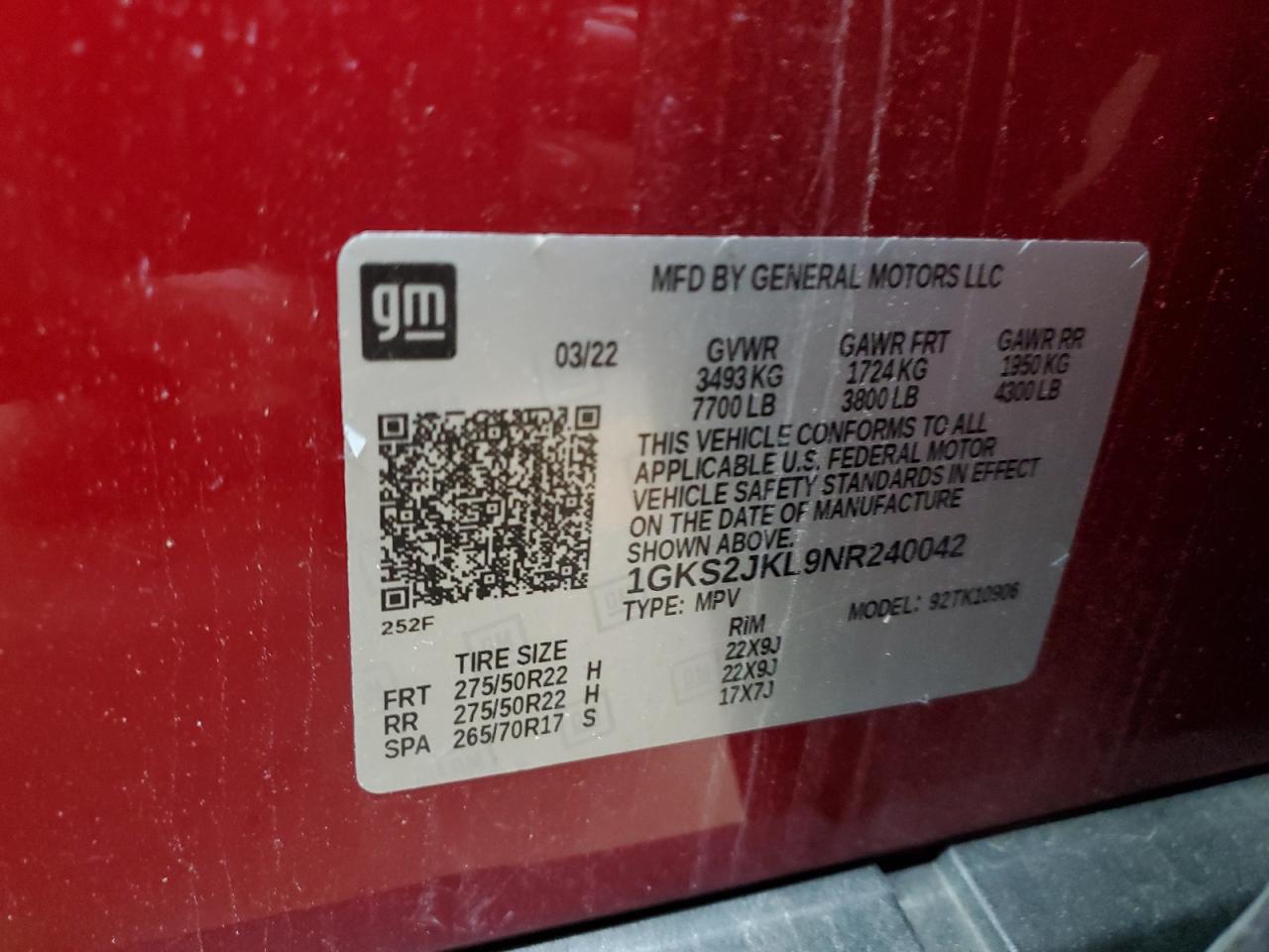 2022 GMC YUKON XL DENALI VIN:1GKS2JKL9NR240042
