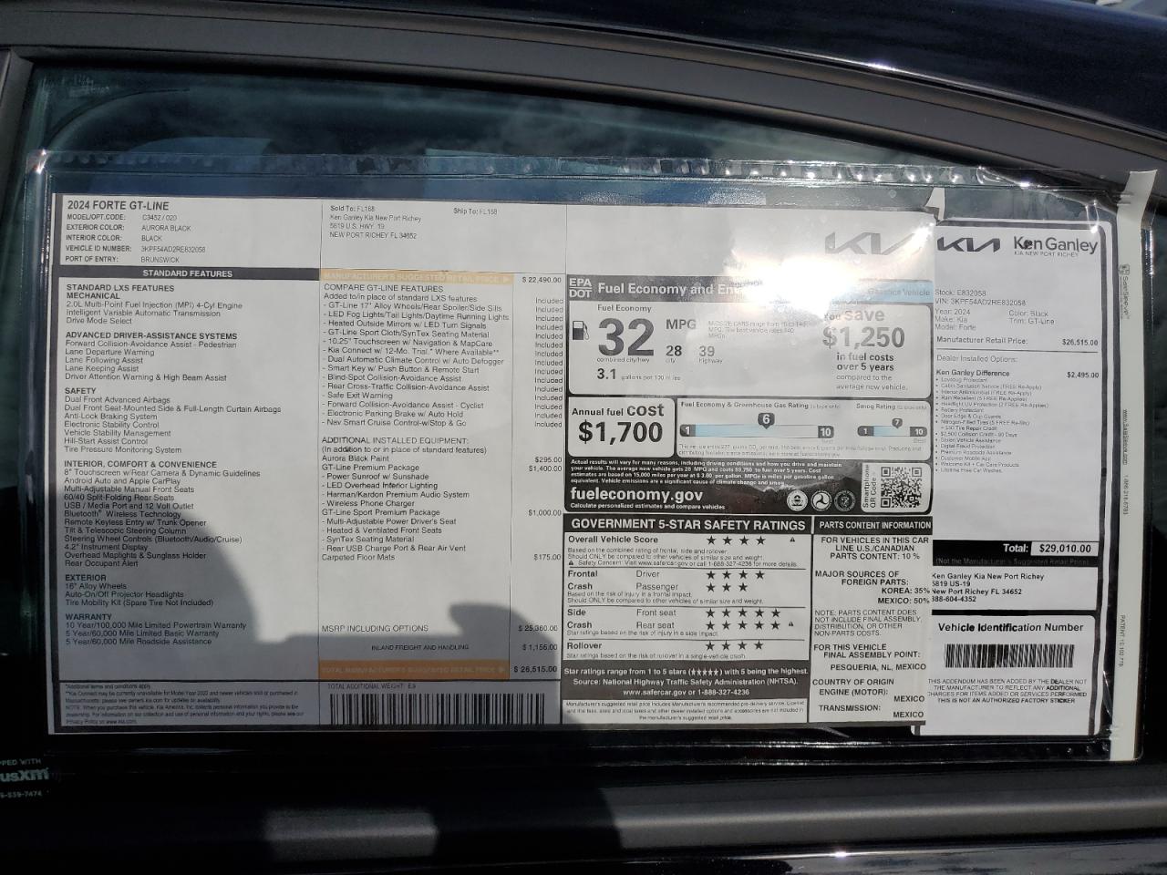2024 KIA FORTE GT LINE VIN:3KPF54AD2RE832058