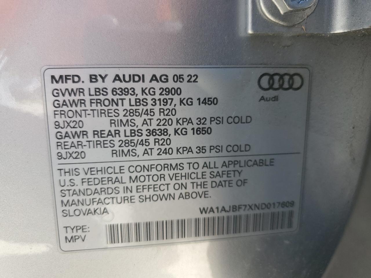 2022 AUDI Q7 PREMIUM VIN:WA1AJBF7XND017609