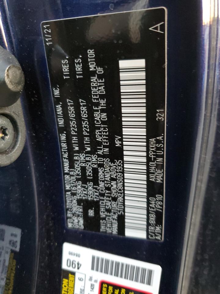 2022 TOYOTA SIENNA XLE VIN:5TDYRKEC8NS091935