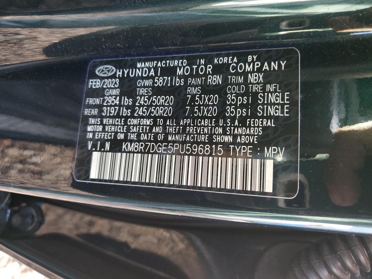 2023 HYUNDAI PALISADE CALLIGRAPHY VIN:KM8R7DGE5PU596815