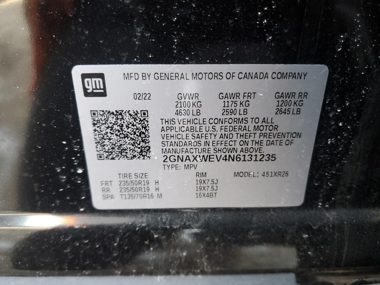 2022 CHEVROLET EQUINOX RS VIN:2GNAXWEV4N6131235