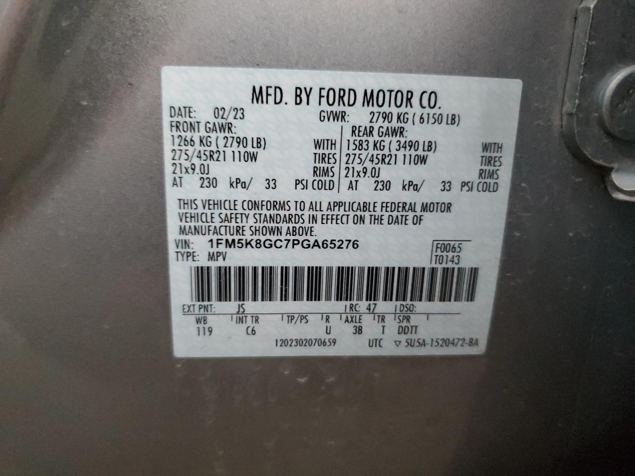 2023 FORD EXPLORER ST VIN:1FM5K8GC7PGA65276