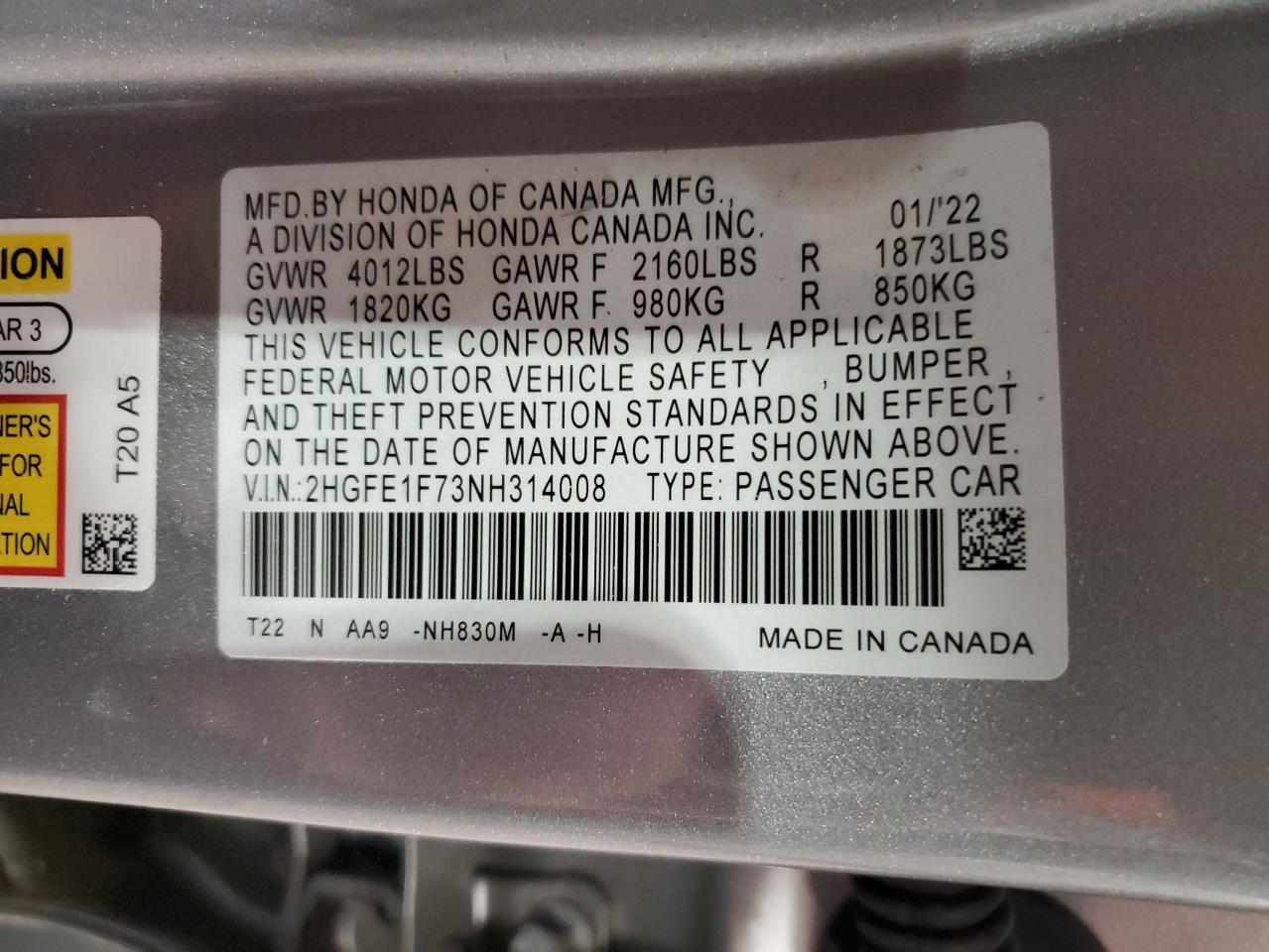 2022 HONDA CIVIC EX VIN:2HGFE1F73NH314008