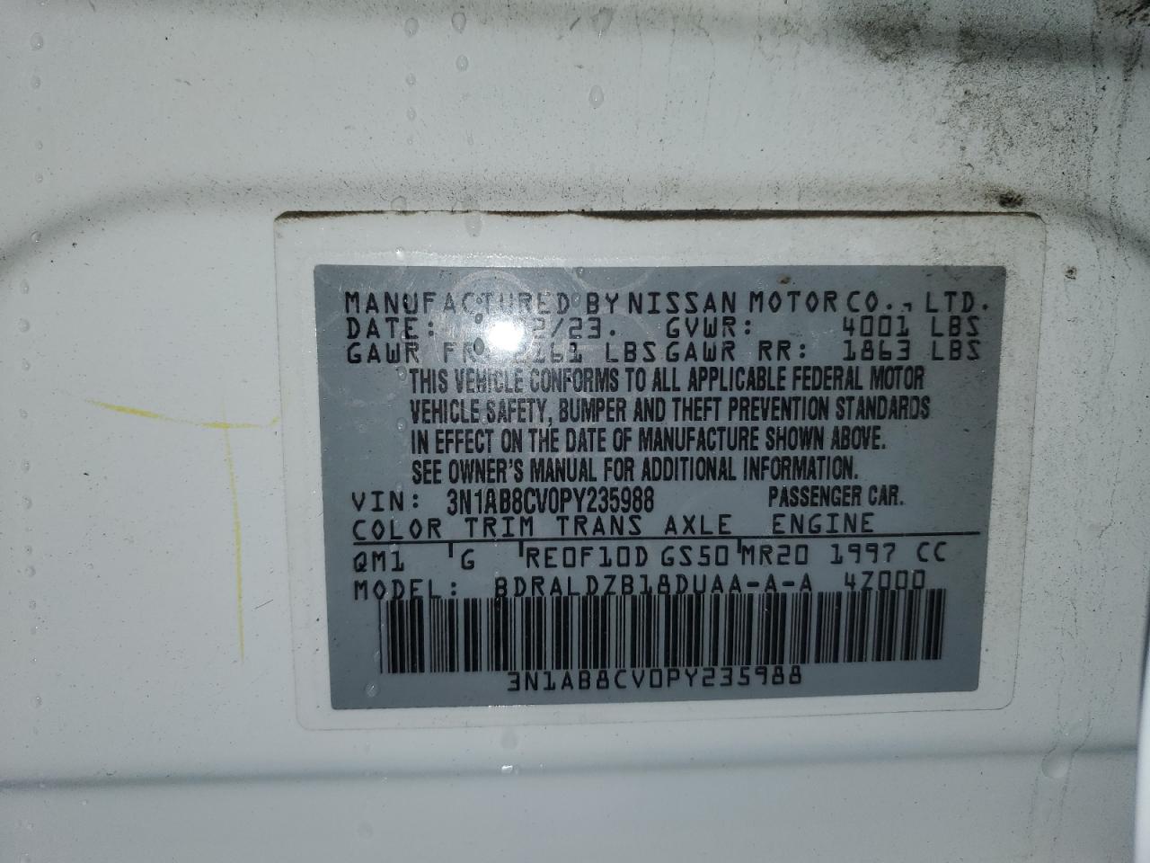 2023 NISSAN SENTRA SV VIN:3N1AB8CV0PY235988