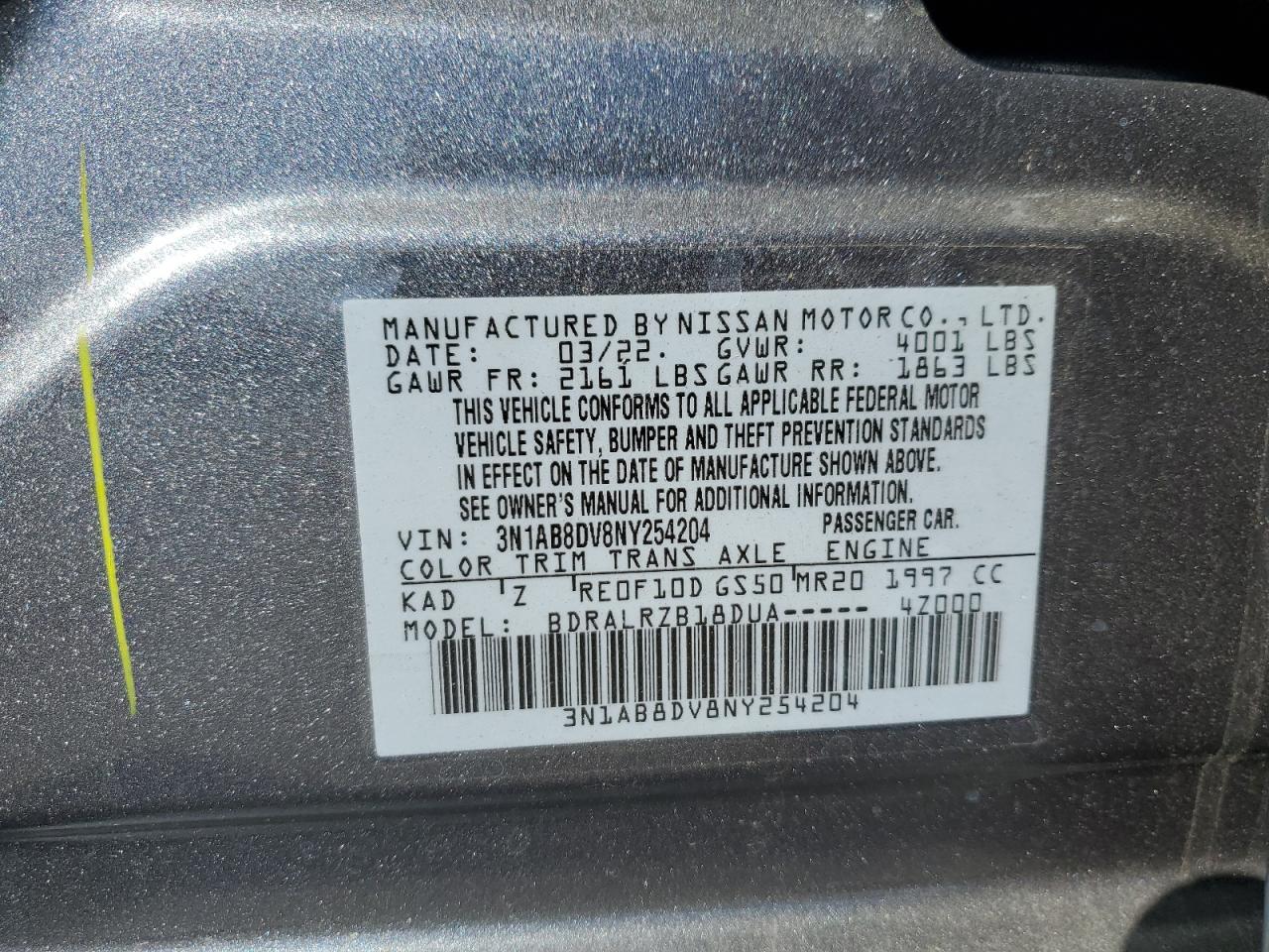2022 NISSAN SENTRA SR VIN:3N1AB8DV8NY254204