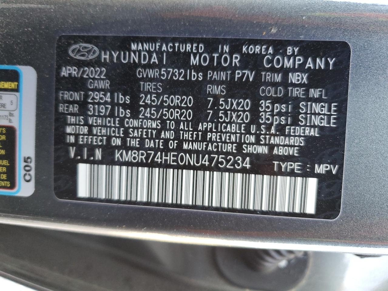 2022 HYUNDAI PALISADE CALLIGRAPHY VIN:KM8R74HE0NU475234