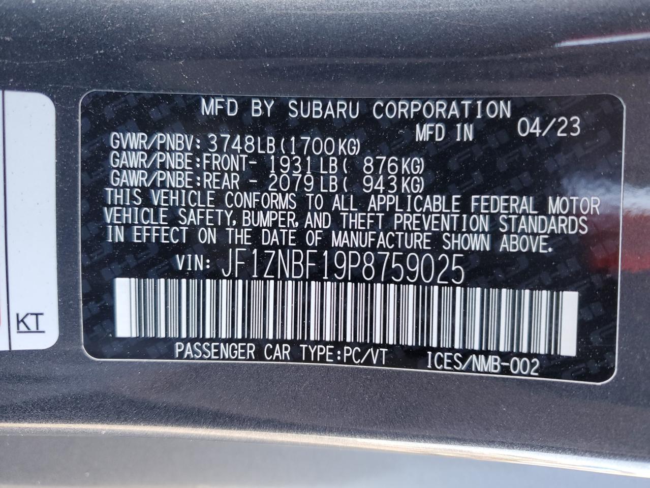 2023 TOYOTA GR 86 PREMIUM VIN:JF1ZNBF19P8759025