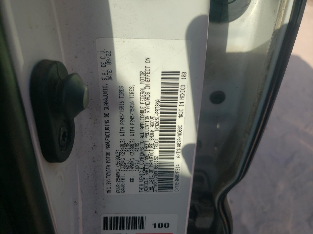 2022 TOYOTA TACOMA DOUBLE CAB VIN:3TYAX5GN0NT066152