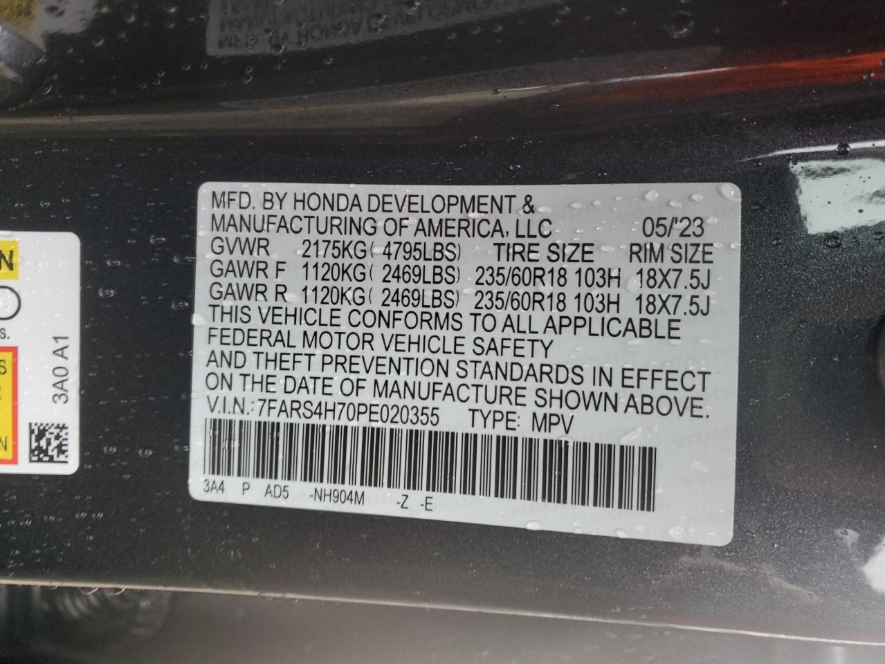 2023 HONDA CR-V EXL VIN:7FARS4H70PE020355