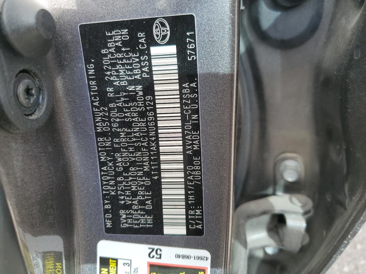 2022 TOYOTA CAMRY SE VIN:4T1T11AK4NU696129