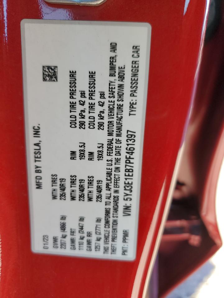 2023 TESLA MODEL 3  VIN:5YJ3E1EB7PF461397