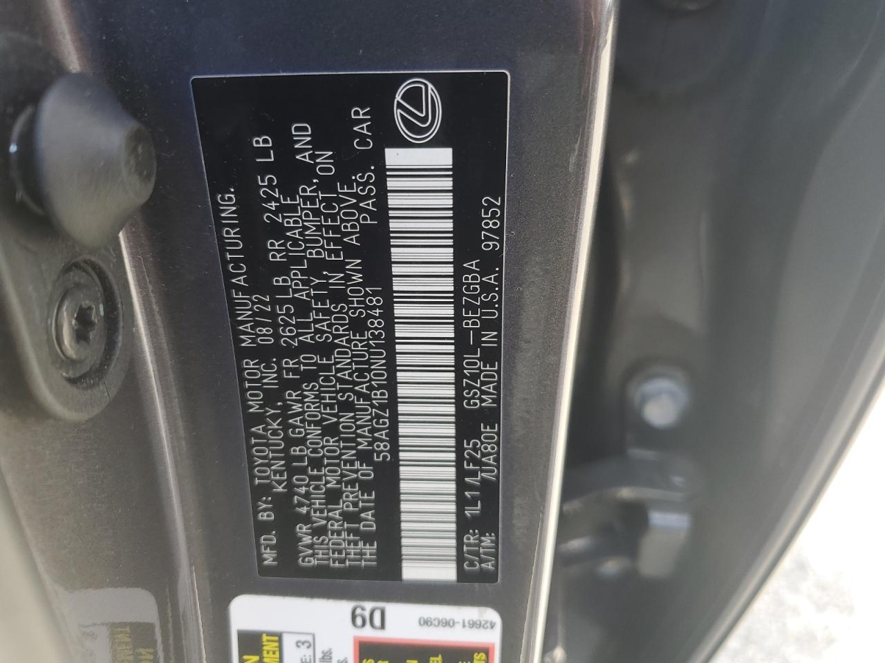 2022 LEXUS ES 350 BASE VIN:58AGZ1B10NU138481