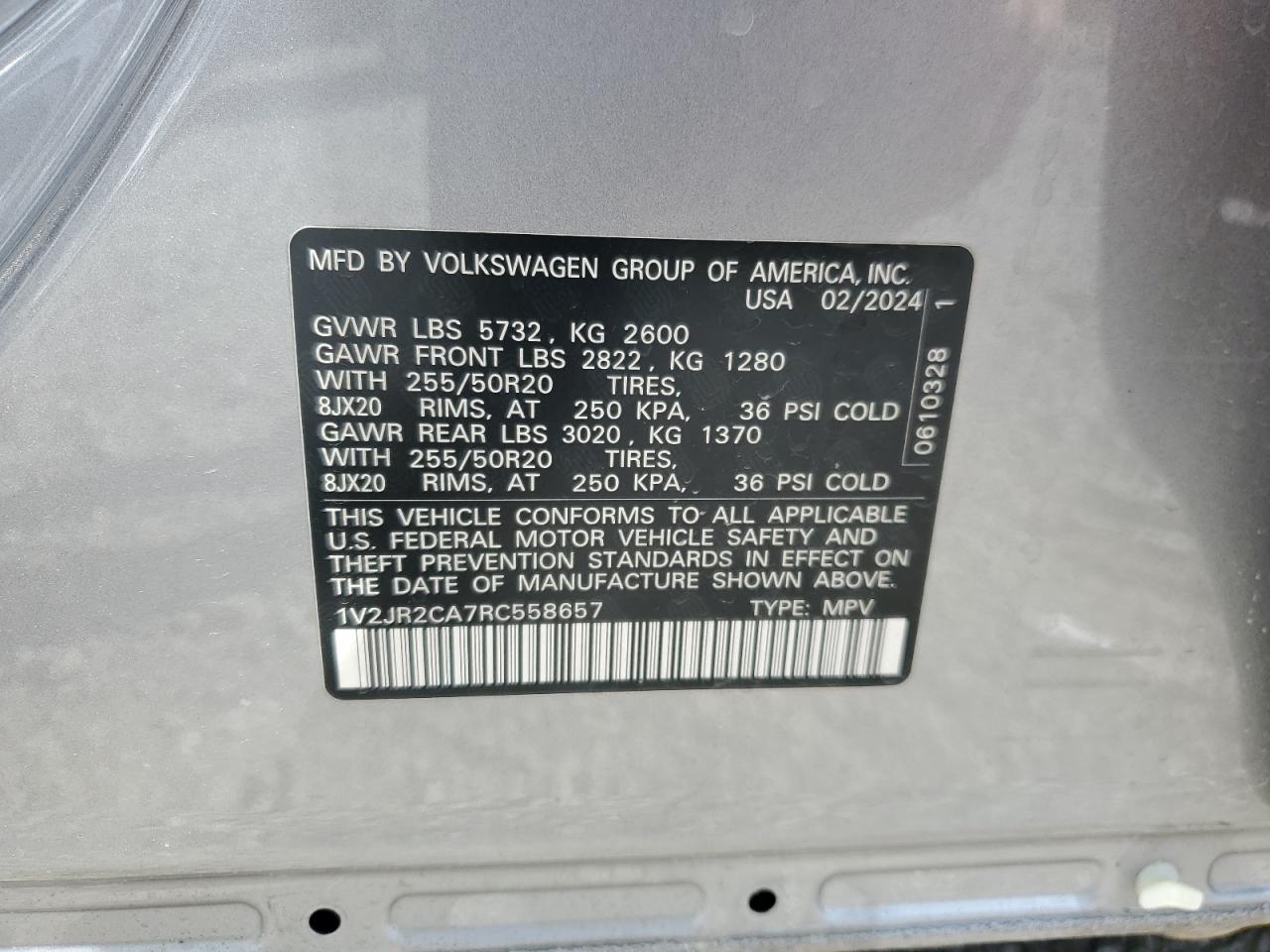 2024 VOLKSWAGEN ATLAS SE VIN:1V2JR2CA7RC558657