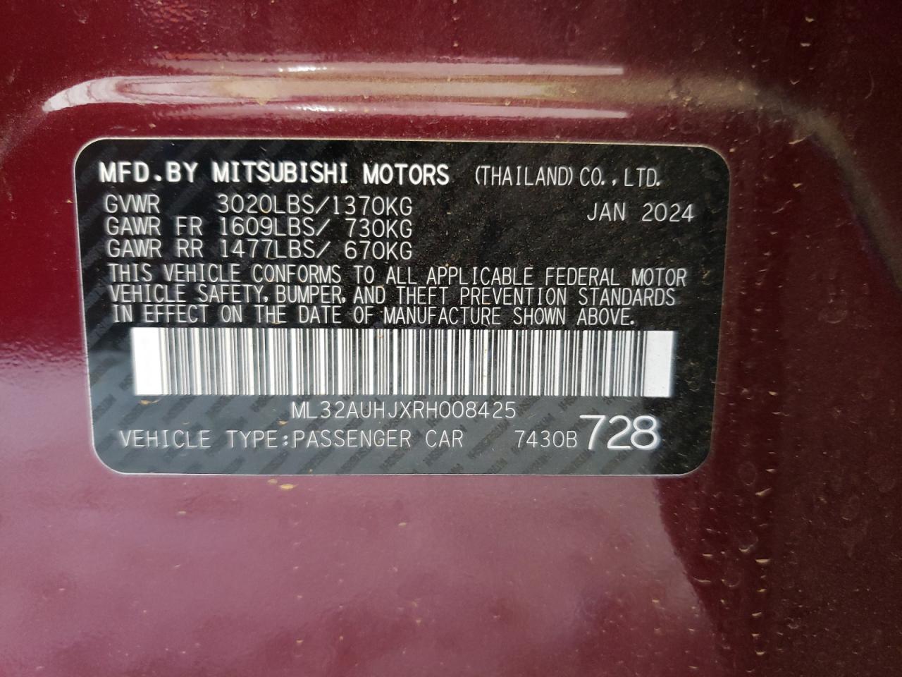 2024 MITSUBISHI MIRAGE ES VIN:ML32AUHJXRH008425